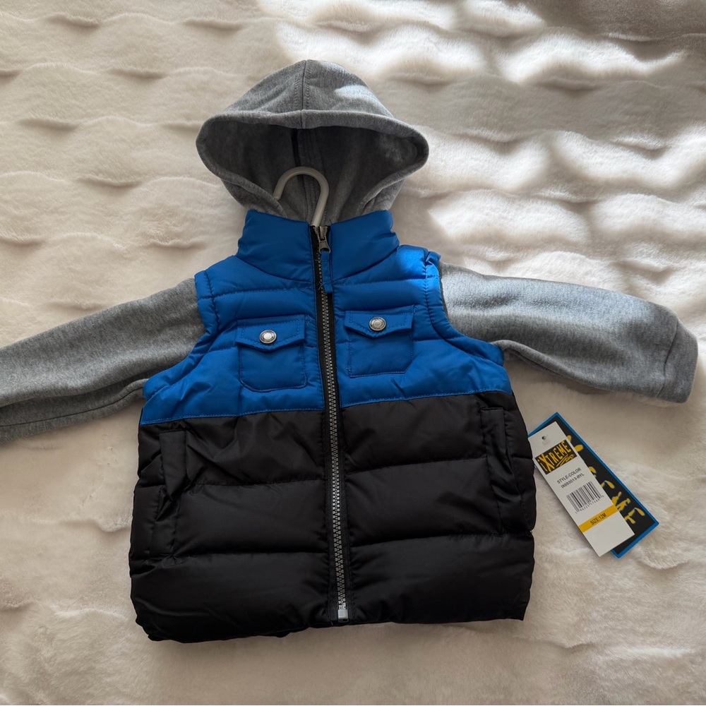 Blue and Black Hooded Puffer jacket vest
